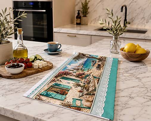 Bavlnená kuchynská utierka 70 × 50 cm – Grécko, tyrkysové more | Mediteránska kolekcia
