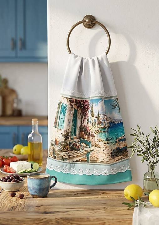 Bavlnená kuchynská utierka 70 × 50 cm – Grécko, tyrkysové more | Mediteránska kolekcia