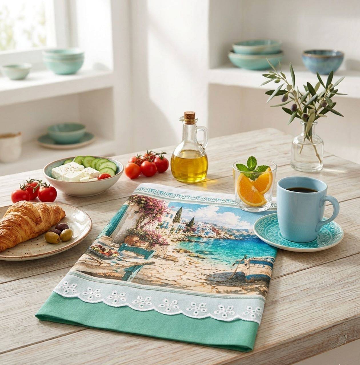 Bavlnená kuchynská utierka 70 × 50 cm – Grécko, tyrkysové more | Mediteránska kolekcia