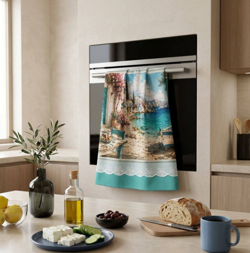 Bavlnená kuchynská utierka 70 × 50 cm – Grécko, tyrkysové more | Mediteránska kolekcia