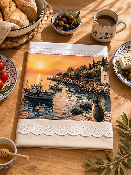 Bavlnená kuchynská utierka 70 × 50 cm – Grécko pri západe slnka – Mediteránska kolekcia