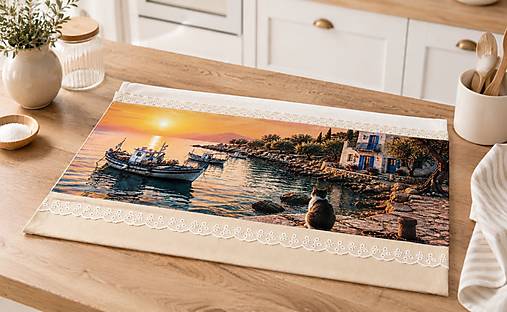 Bavlnená kuchynská utierka 70 × 50 cm – Grécko pri západe slnka – Mediteránska kolekcia