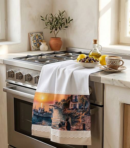 Bavlnená kuchynská utierka 70 × 50 cm – Grécko pri západe slnka – Mediteránska kolekcia
