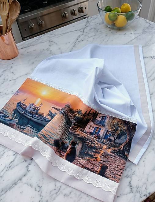 Bavlnená kuchynská utierka 70 × 50 cm – Grécko pri západe slnka – Mediteránska kolekcia