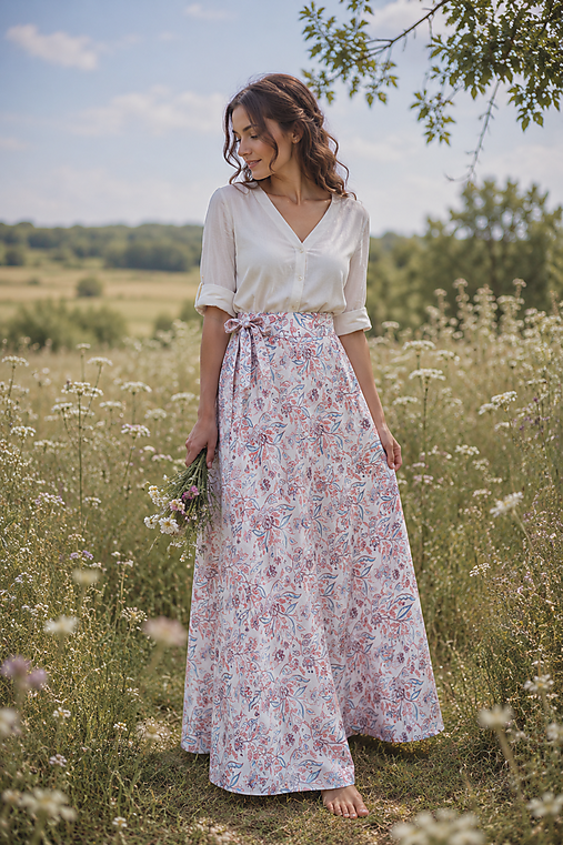 Sukne - PŮLKOLOVÁ ZAVINOVACÍ SUKNĚ - BÍLÁ KÁVA S KVÍTKY - 18368473_