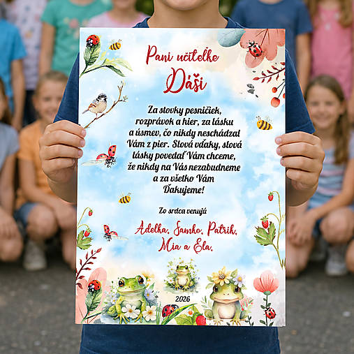 Tabuľa s fotkou pre pani učiteľku žabky U14
