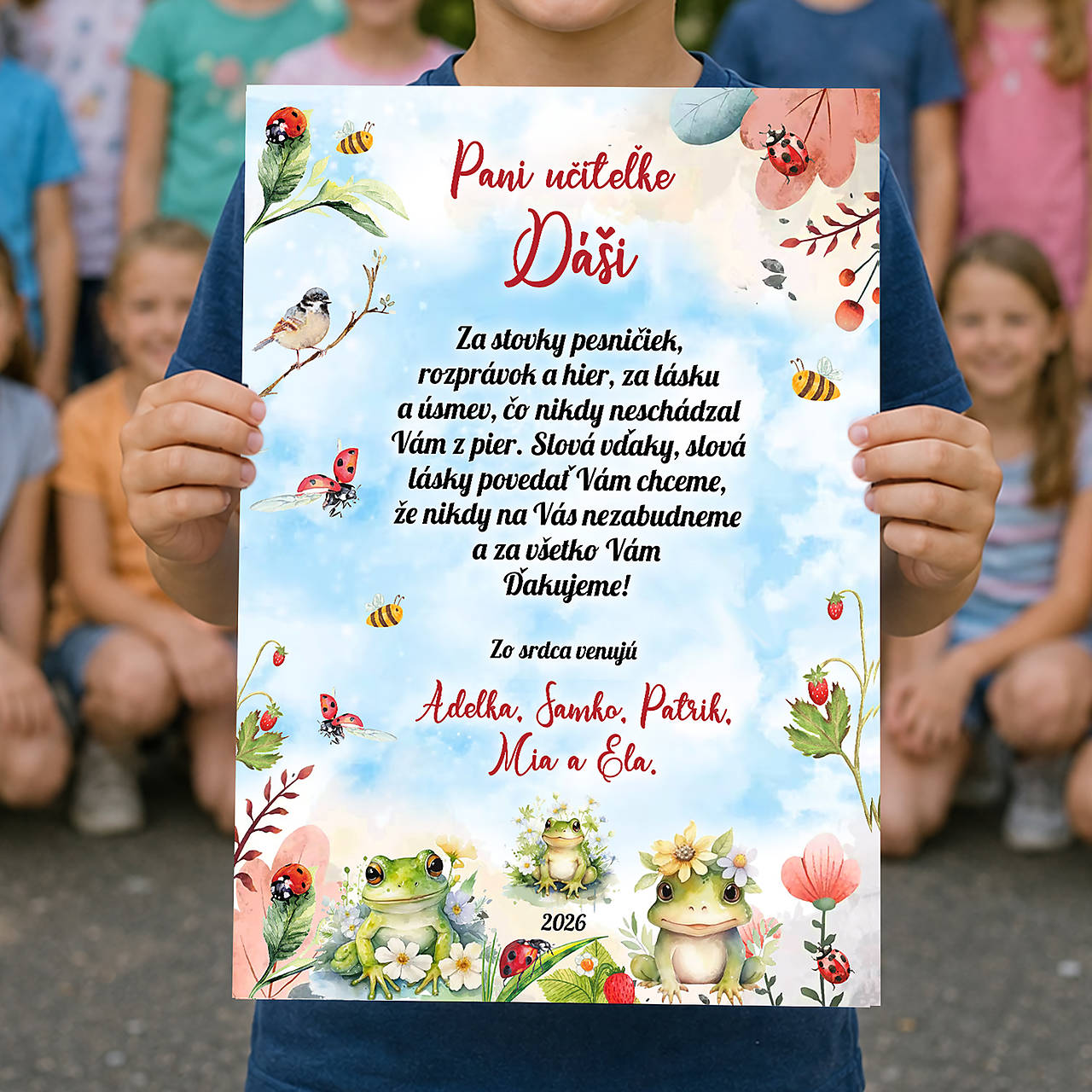 Tabuľa s fotkou pre pani učiteľku žabky U14