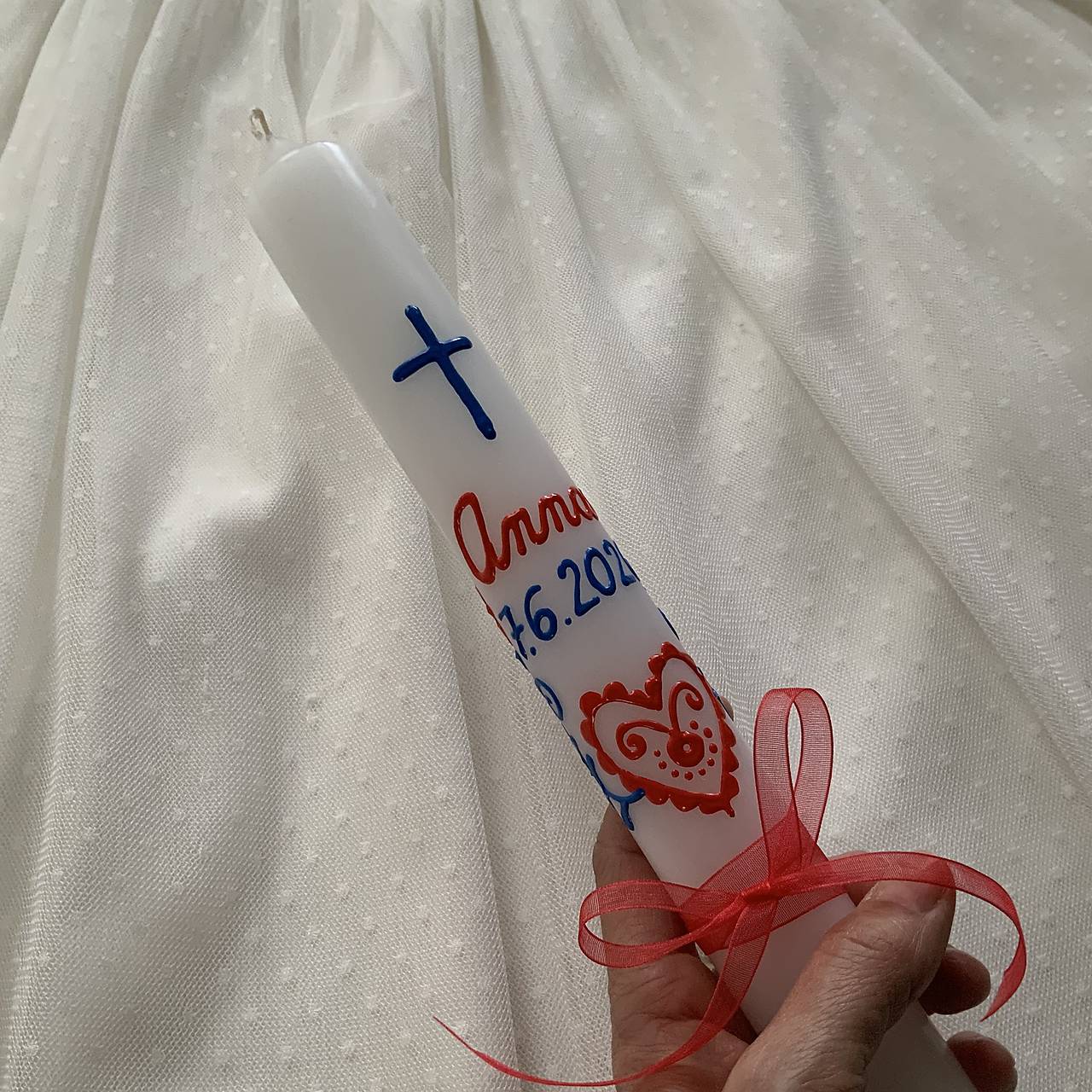 Ručne maľovaná krstná svieca s personalizáciou – 35 cm, biely vosk
