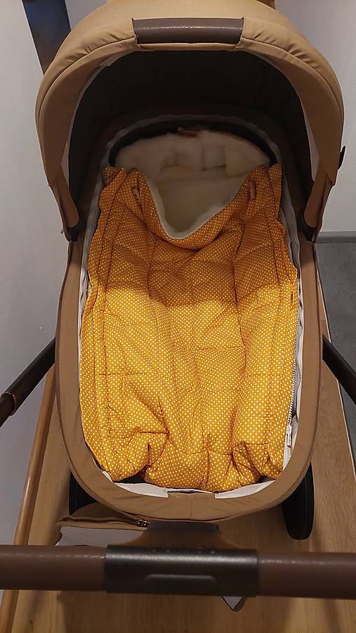 Detský textil - RUNO SHOP fusak pre deti do kočíka Venicci Claro 100% MERINO TOP super wash Natural Bodka mustard - 18381848_