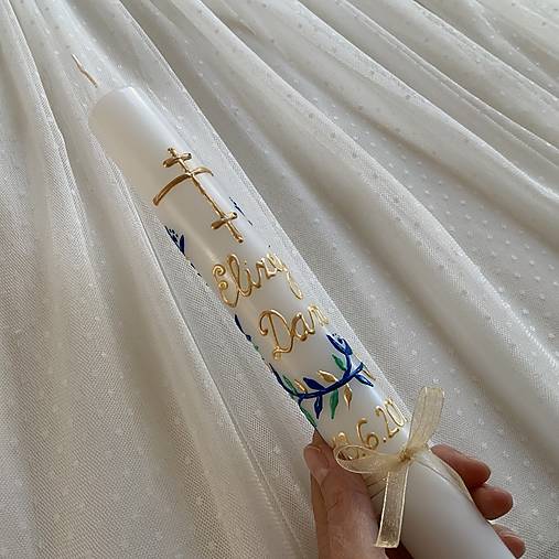Ručne maľovaná krstná svieca s trojramenný krížom a personalizáciou – 35 cm, biely vosk