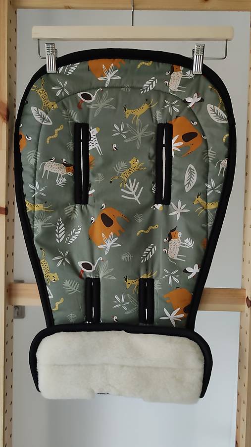 Detský textil - VLNIENKA podložka do kočíka EasyWalker Jimmy 100% Merino Top Super wash Natural Zvieratká byvol, tiger na olivovej - 18384867_