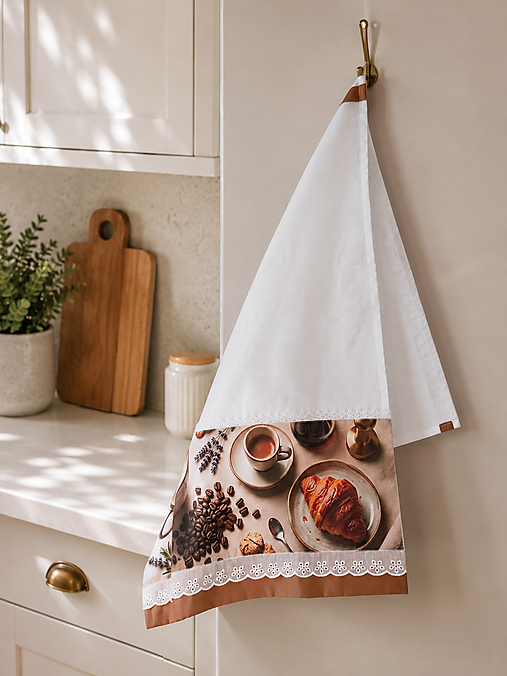 Bavlnená kuchynská utierka 70 × 50 cm – Káva a croissant – Kolekcia Káva