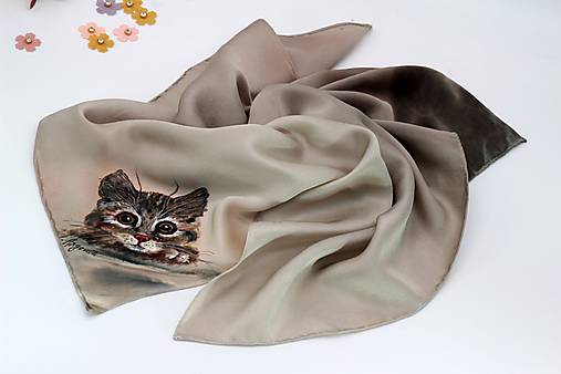 Ručne maľovaná hodvábna šatka  – mačka, Kitty