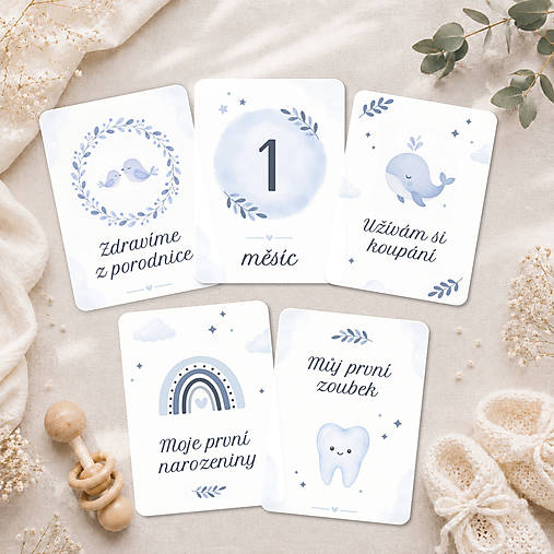 Papiernictvo - Míľnikové kartičky pre bábätko - Boho modrá - 18400342_
