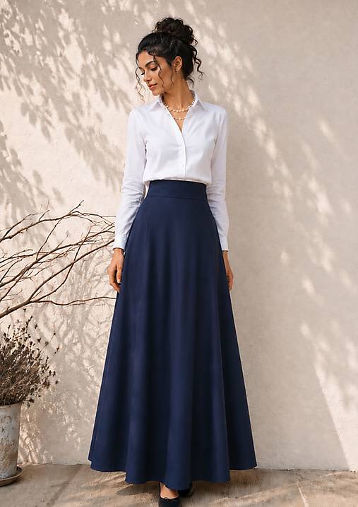 Sukne - DLOUHÁ PŮLKOLOVÁ SUKNĚ NAVY - ZIP - 18400582_