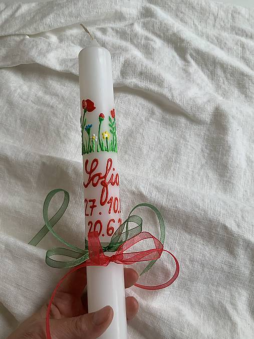 Ručne maľovaná krstná svieca s personalizáciou – 35 cm, biely vosk (18 v zlatej)