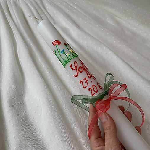 Ručne maľovaná krstná svieca s personalizáciou – 35 cm, biely vosk (18 v zlatej)