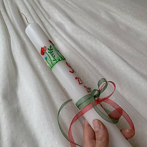 Ručne maľovaná krstná svieca s personalizáciou – 35 cm, biely vosk (18 v zlatej)