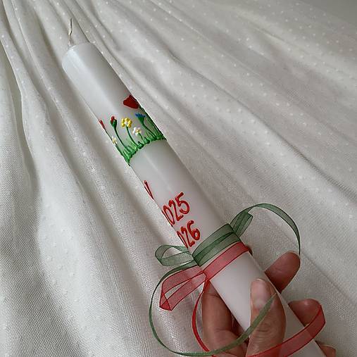 Ručne maľovaná krstná svieca s personalizáciou – 35 cm, biely vosk (18 v zlatej)