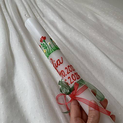 Ručne maľovaná krstná svieca s personalizáciou – 35 cm, biely vosk (18 v zlatej)