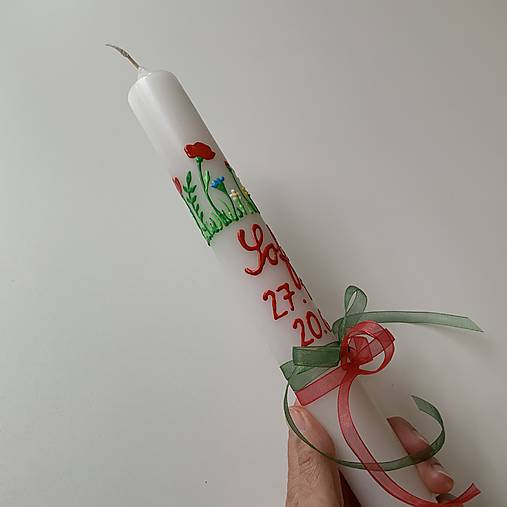 Ručne maľovaná krstná svieca s personalizáciou – 35 cm, biely vosk (18 v zlatej)