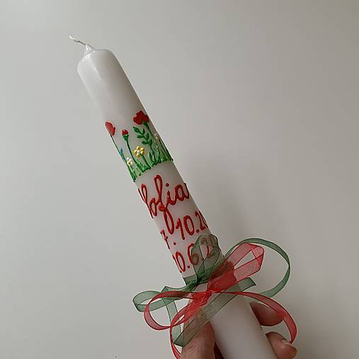 Ručne maľovaná krstná svieca s personalizáciou – 35 cm, biely vosk (18 v zlatej)