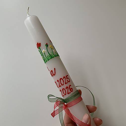 Ručne maľovaná krstná svieca s personalizáciou – 35 cm, biely vosk (18 v zlatej)