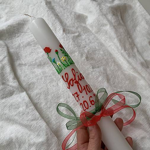 Ručne maľovaná krstná svieca s personalizáciou – 35 cm, biely vosk (18 v zlatej)