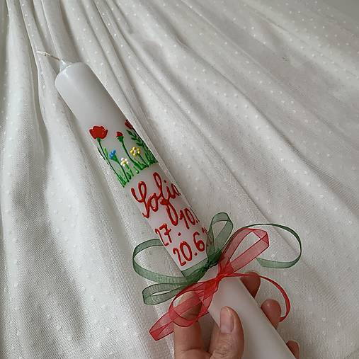 Ručne maľovaná krstná svieca s personalizáciou – 35 cm, biely vosk (18 v zlatej)