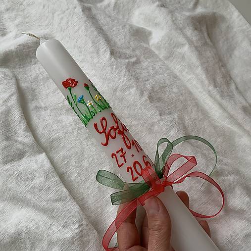 Ručne maľovaná krstná svieca s personalizáciou – 35 cm, biely vosk (18 v zlatej)