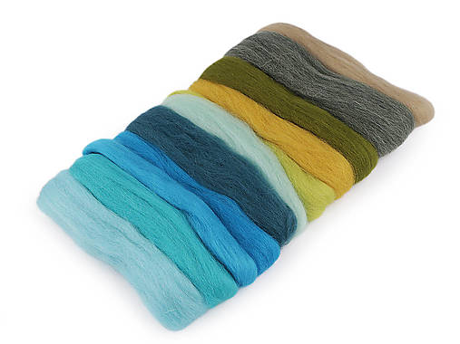 Textil - AKCIA!!! Vlna na plstenie, 100% merino, rúno, sada 12 ks, 50g ("voda") - 18411032_