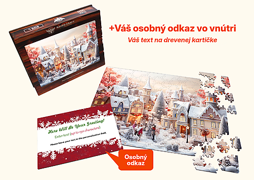 Iné - Zimná dedinka - darček, na ktorý sa nezabúda. Drevené šesťuholníkové puzzle s personalizovanou drevenou kartičkou - 18415623_