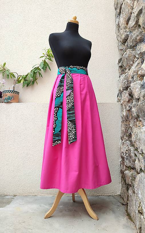 Sukne - DLOUHÁ SUKNĚ - MAGENTA S AFRICKÝM PÁSKEM - 18421483_