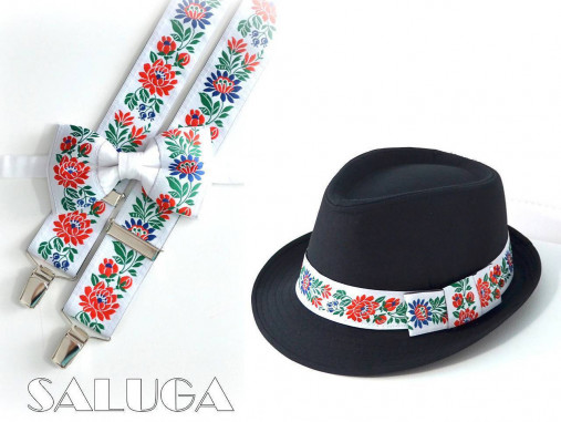 Detské doplnky - Set - detský klobúk, folklórny motýlik a traky - biely - 18422888_
