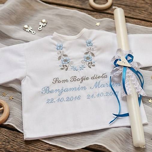 Detské oblečenie - Košieľka na krst K14 modro-šedá + Sviečka na krst biele srdiečko - 18426458_