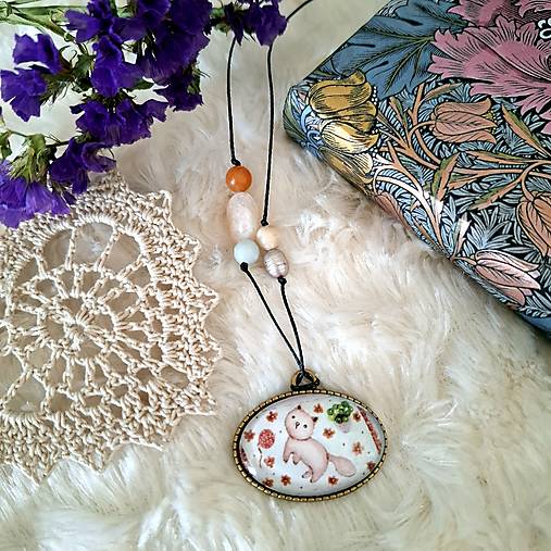 Mačiatko, klbko, Pilea :) /obojstranný náhrdelník s kamienkami
