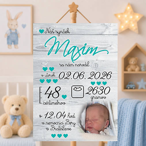 Tabuľky - Tabuľka pre bábätko s údajmi o narodení a fotkou font mentol DT16 - 18427515_