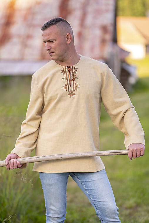 Pánske oblečenie - Pánska ľanová vyšívaná folklórna košeľa – vzor Detva - 18427317_