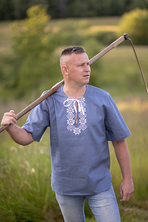 Pánske oblečenie - Pánska ľanová vyšívaná folklórna košeľa – vzor Kokava biela 1 - 18427343_
