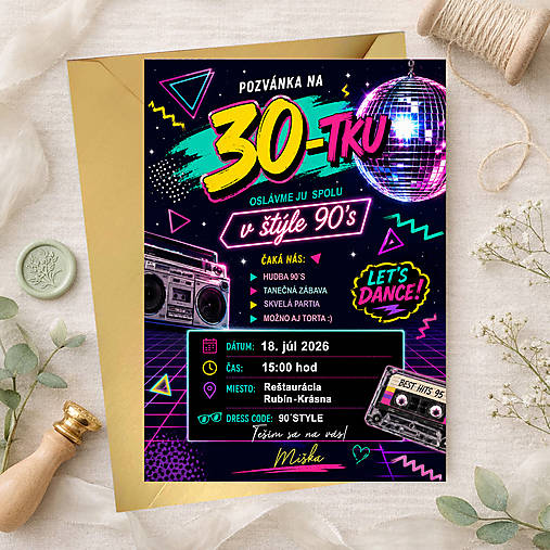 Narodeninová pozvánka v štýle disco retro 90-te roky čierna