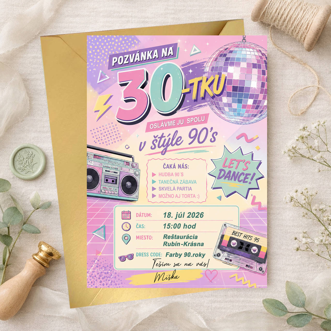 Narodeninová pozvánka v štýle disco retro 90-te roky