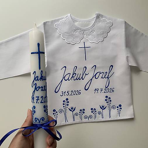 Krstná košieľka a svieca na krst ručne maľovaná ľudovoladená