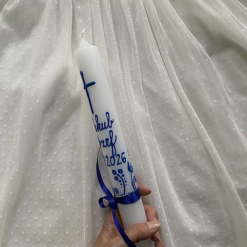 Ručne maľovaná krstná svieca s personalizáciou – 35 cm, biely vosk