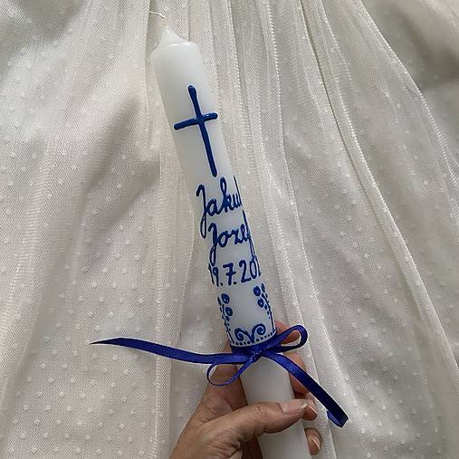 Ručne maľovaná krstná svieca s personalizáciou – 35 cm, biely vosk