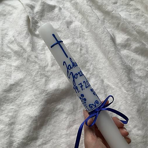 Ručne maľovaná krstná svieca s personalizáciou – 35 cm, biely vosk