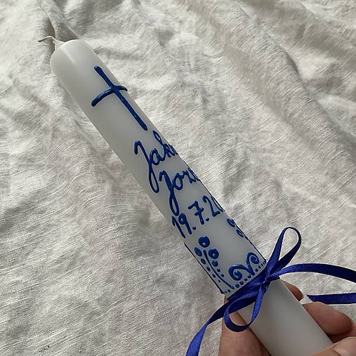 Ručne maľovaná krstná svieca s personalizáciou – 35 cm, biely vosk