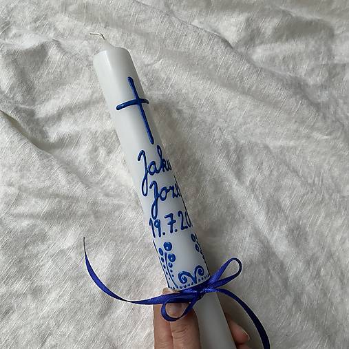 Ručne maľovaná krstná svieca s personalizáciou – 35 cm, biely vosk