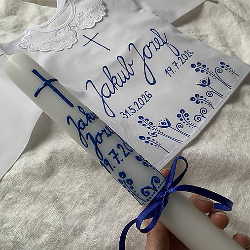 Ručne maľovaná krstná svieca s personalizáciou – 35 cm, biely vosk