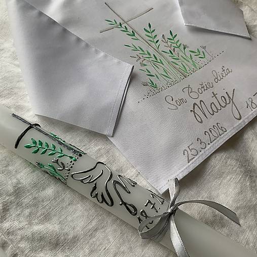 Ručne maľovaná krstná svieca s personalizáciou – 35 cm, biely vosk
