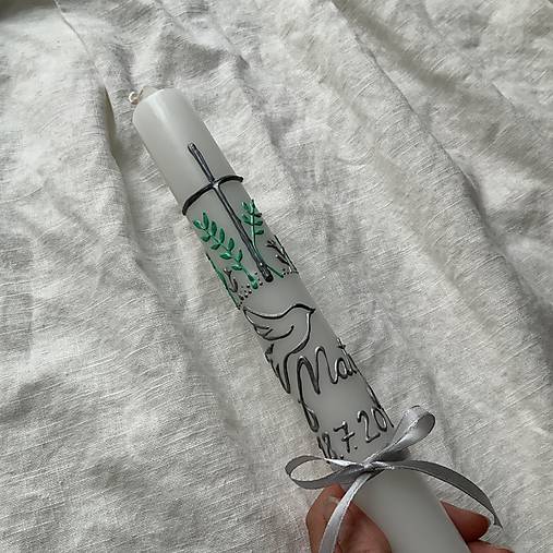 Ručne maľovaná krstná svieca s personalizáciou – 35 cm, biely vosk